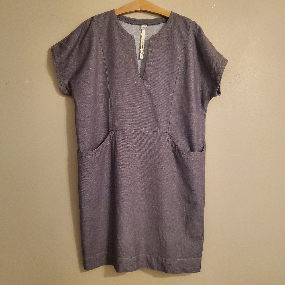 ANTHROPOLOGIE | UNCLE FRANK Gray Linen Blend Cap Sleeve Vneck Shift Dress Size L